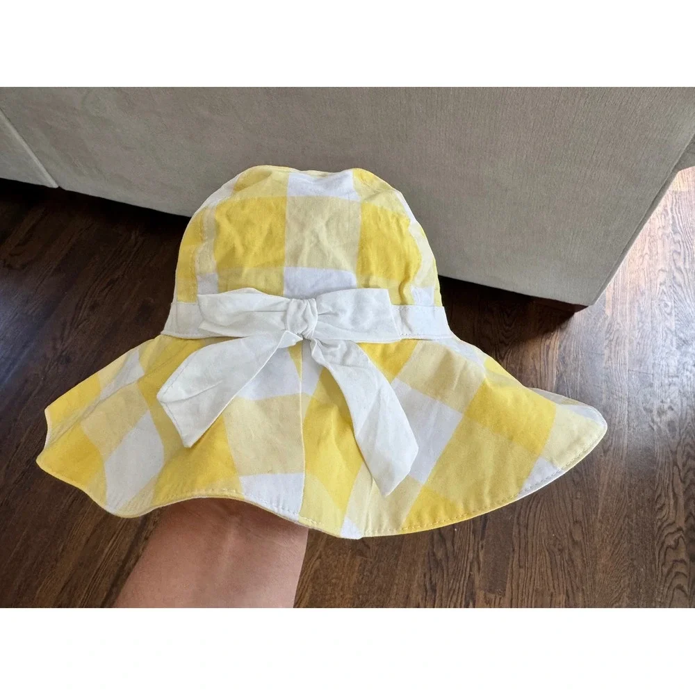 Janie and Jack Girls Yellow‎ White Gingham Sun Hat Wide Brim Bow Size 4-5